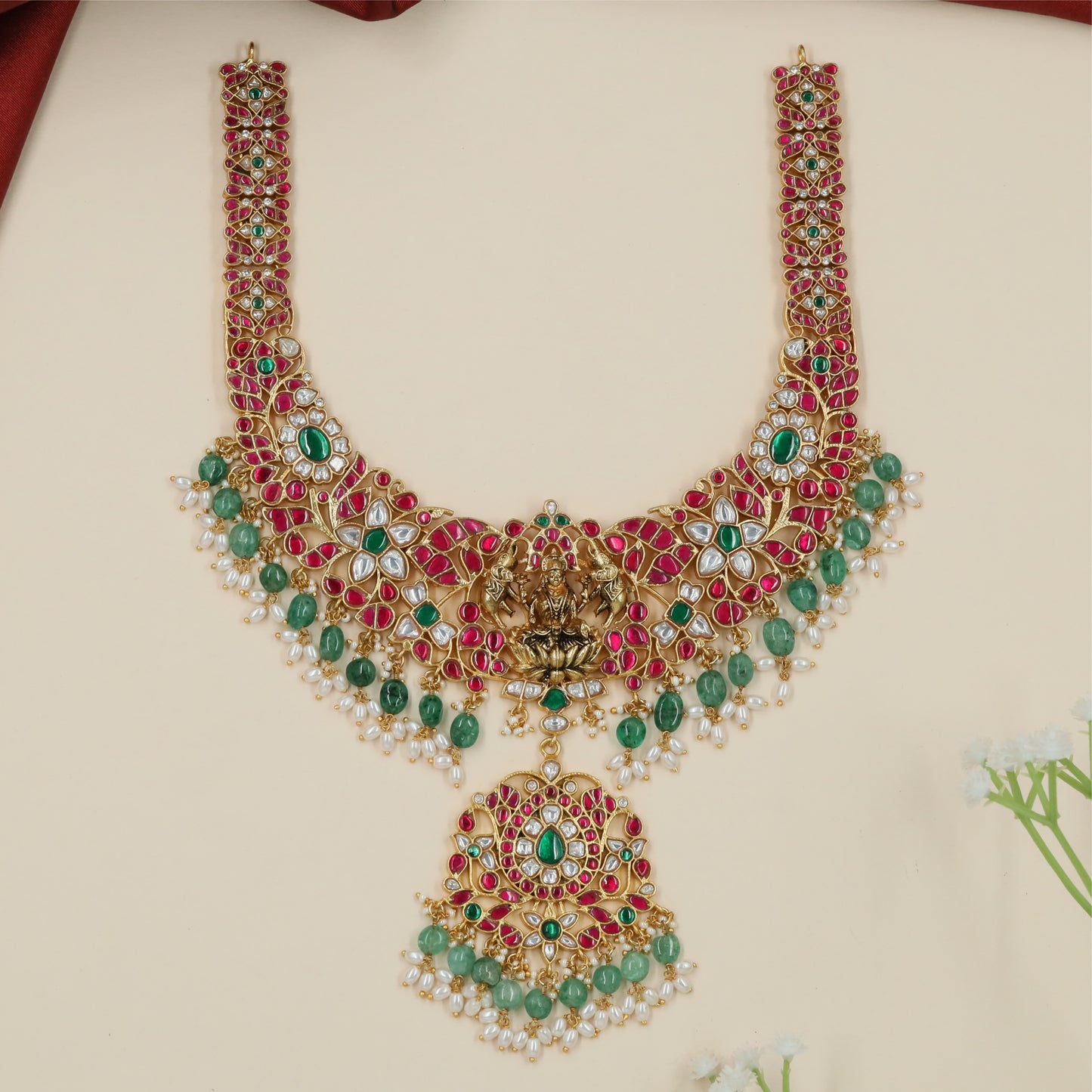 Radiant Arch Jadau Necklace with Lakshmi Motif and Curved Fringe Border
