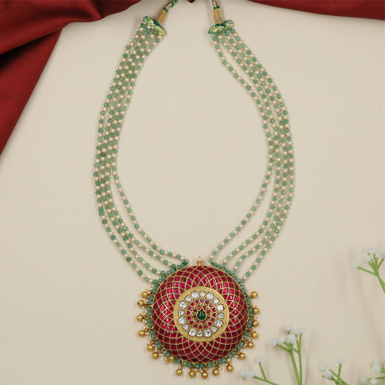 Petal Crest Jadau Beads Long Haara with Layered Circular Frame and Hanging Accents