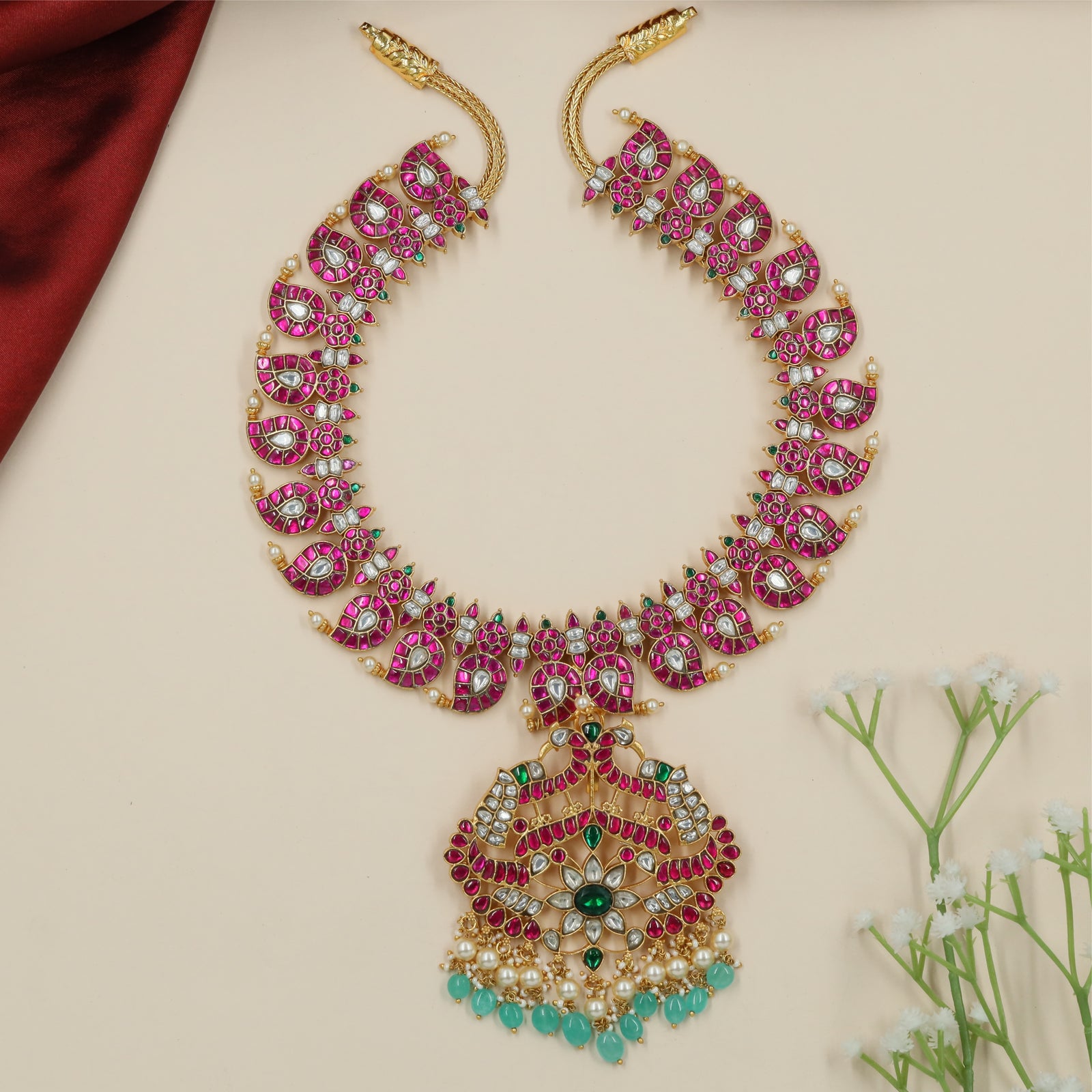 Radiant Peacock Jadau Long Hara with Detailed Pendant Frame and Lower Drop Border