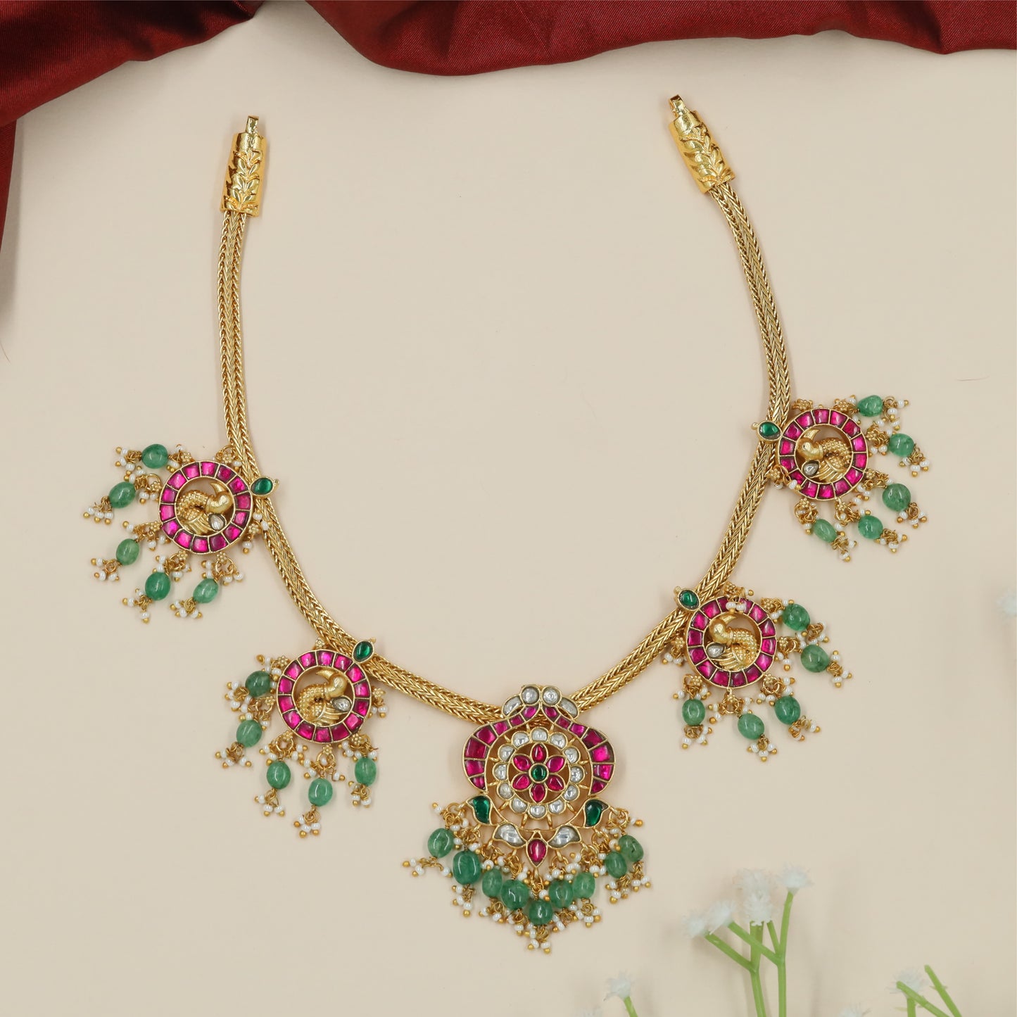 Grand Garland Jadau Necklace with Structured Peacock Sections and Tassel Edge