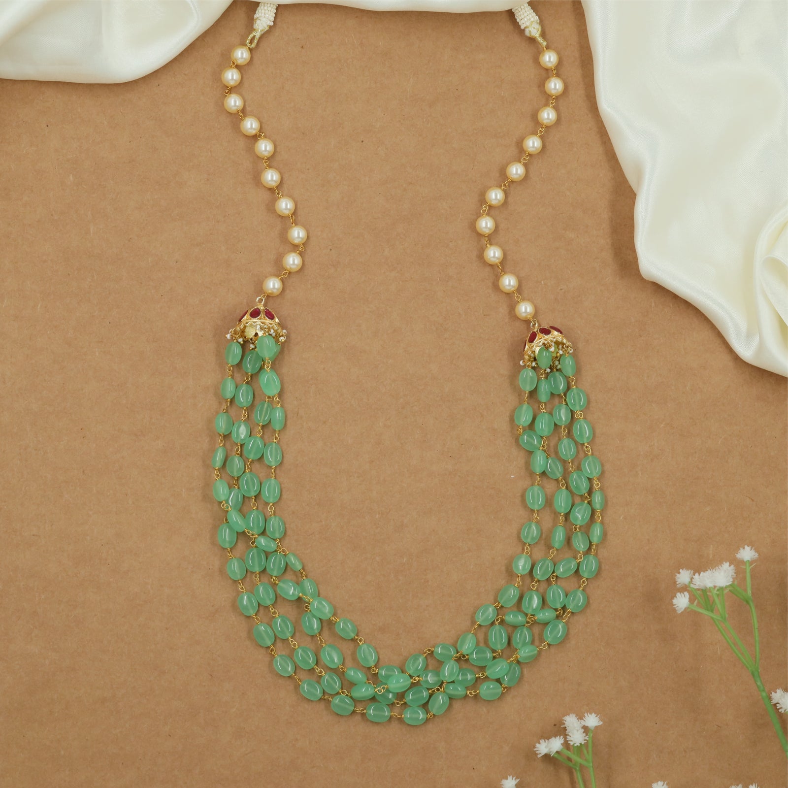Classic Multi Row Jadau Beads Long Haara with Hanging Bead Flow