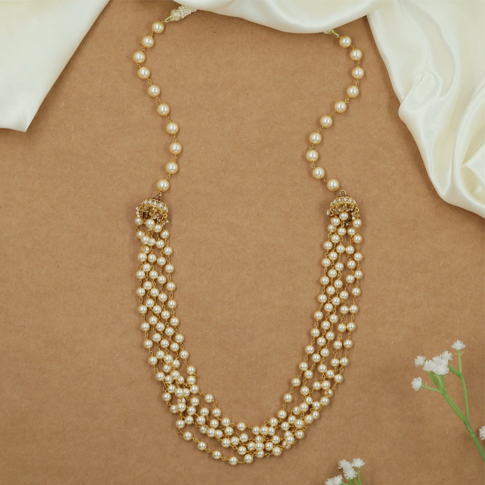 Temple Multi Strand Jadau Beads Long Haara with Cascading Pearl Rows