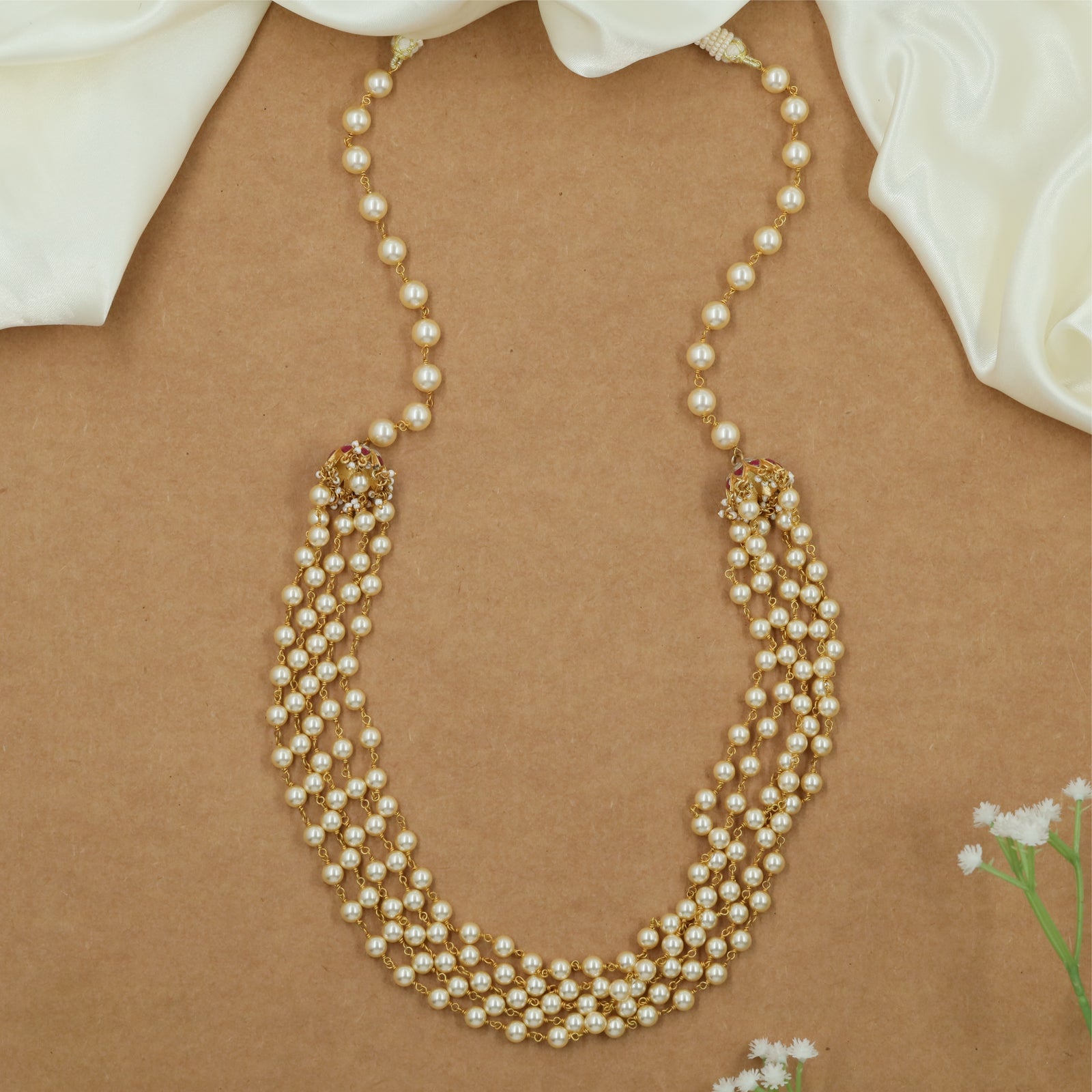 Luxury Pearl Fall Jadau Beads Long Haara with Broad Curved Layout