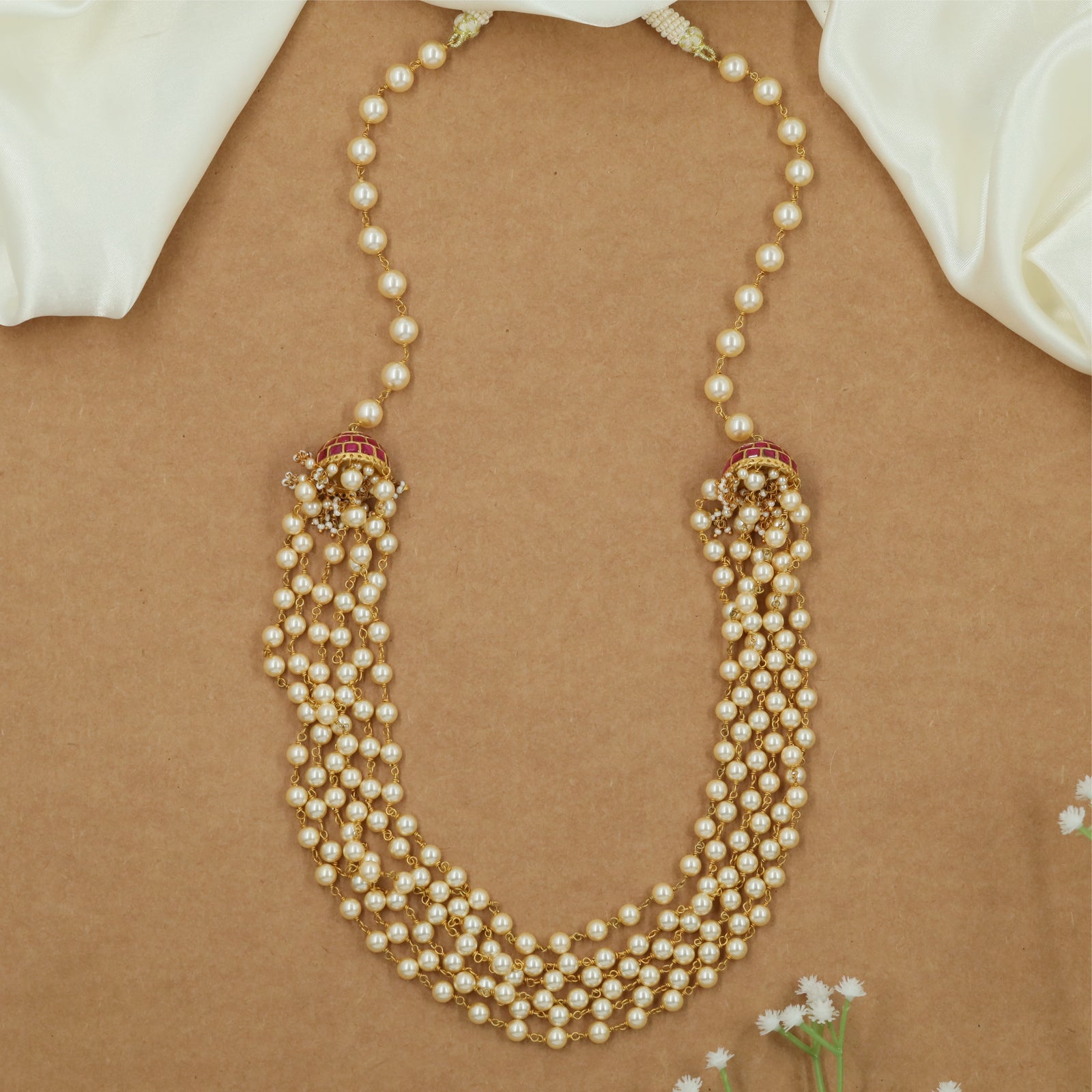Grand Beadline Jadau Beads Long Haara with Layered Curved Strands and Side Detailing