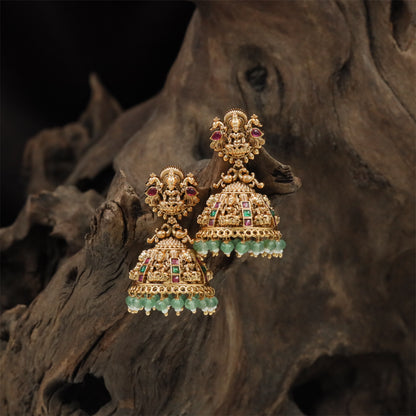 Floral Lakshmi Antique Jumka with Structured Temple Crown and Layered Surface Work