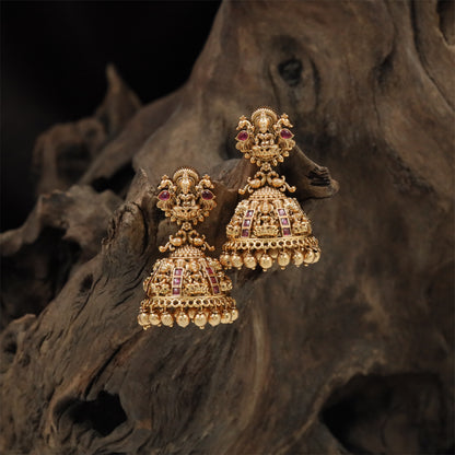 Floral Lakshmi Antique Jumka with Structured Temple Crown and Layered Surface Work