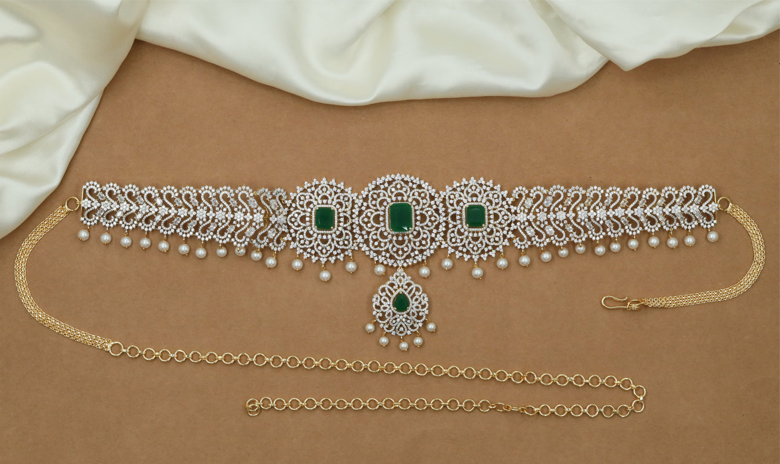 Royal Floral Frame Gj Waist Belt with Center Drop Pendant
