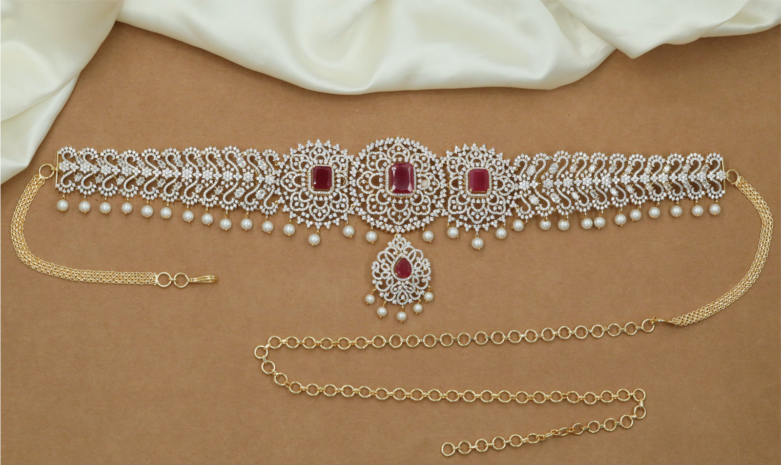 Royal Floral Frame Gj Waist Belt with Center Drop Pendant