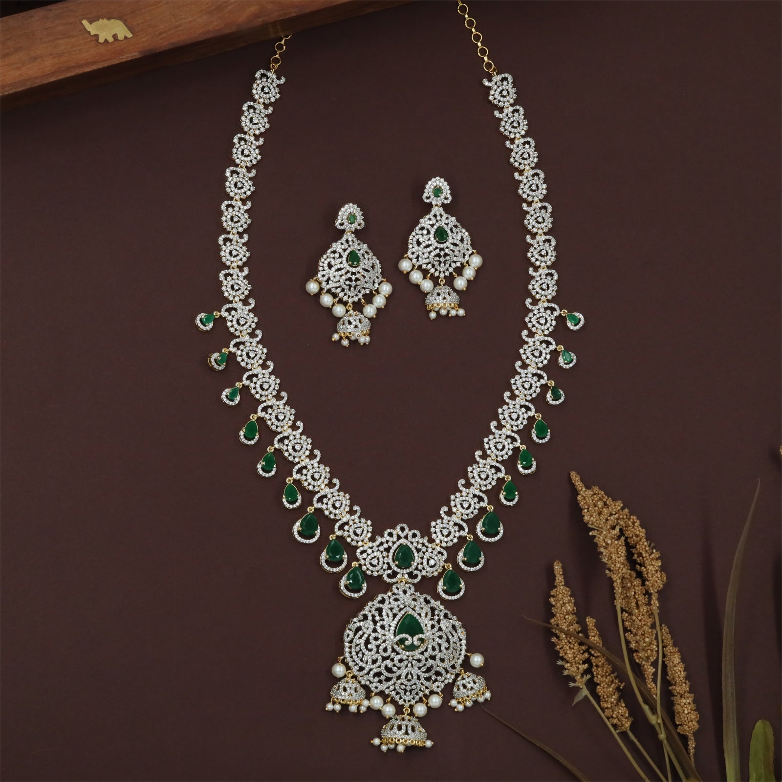 Signature Gj Long Haara with Layered Stone Frames and Hanging Drop Accents