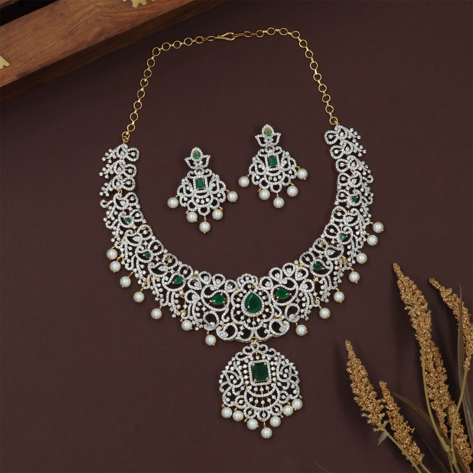 Grand Gj Necklace with Structured Crystal Layout and Ornamental Fringe Work