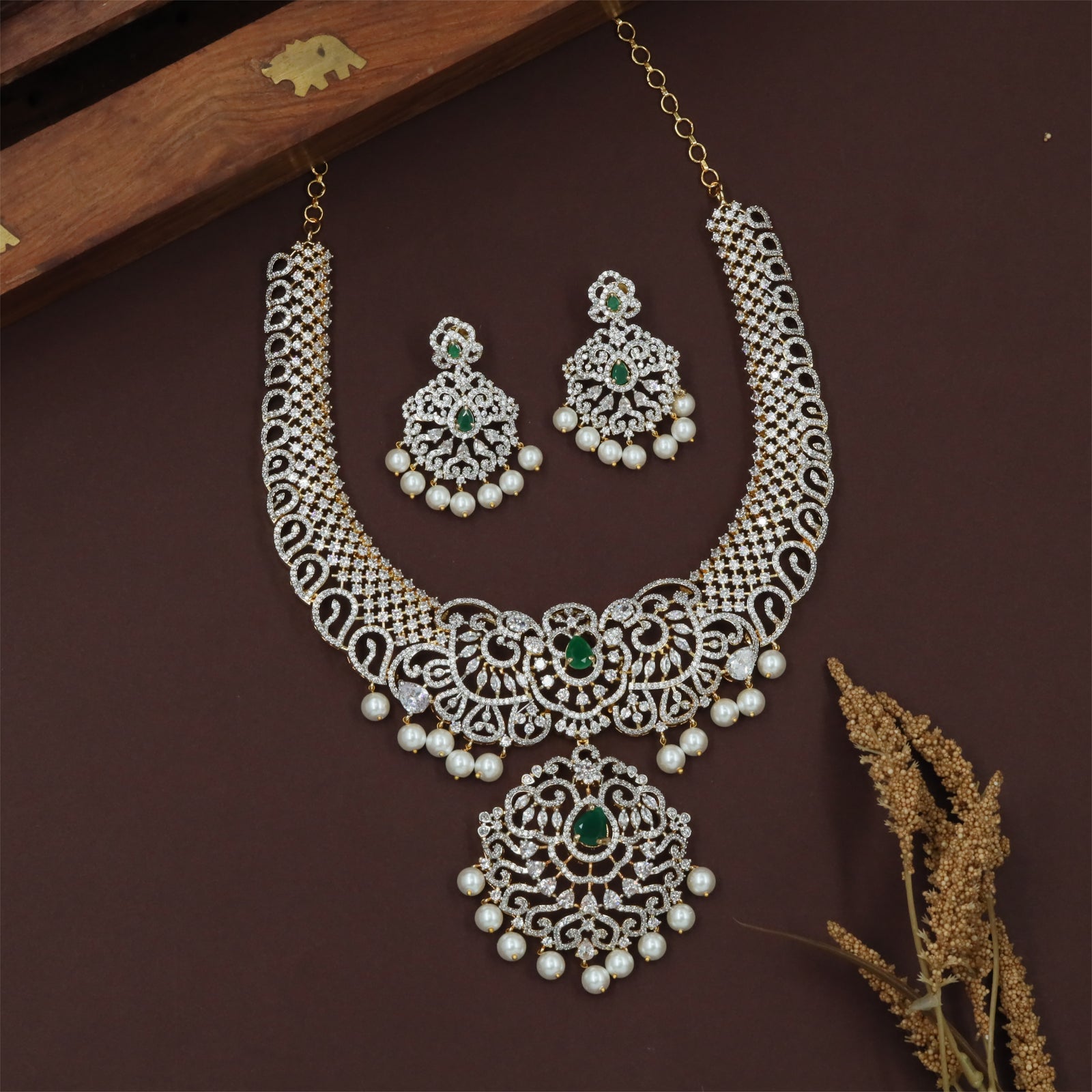 Designer Gj Necklace with Circular Connector Frames and Hanging Pearl Detailing