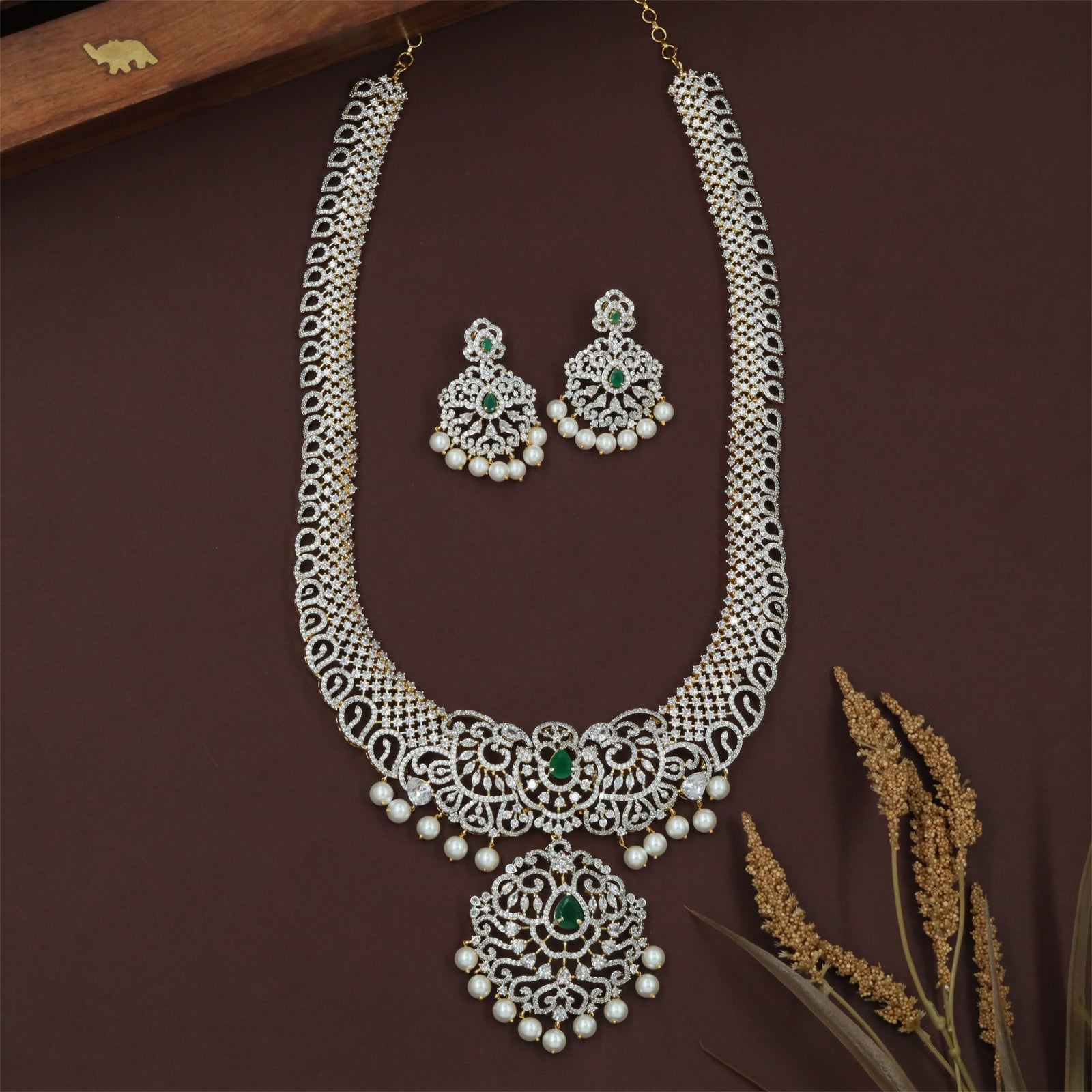 Royal Gj Necklace with Layered Stone Rows and Hanging Pearl Fringe