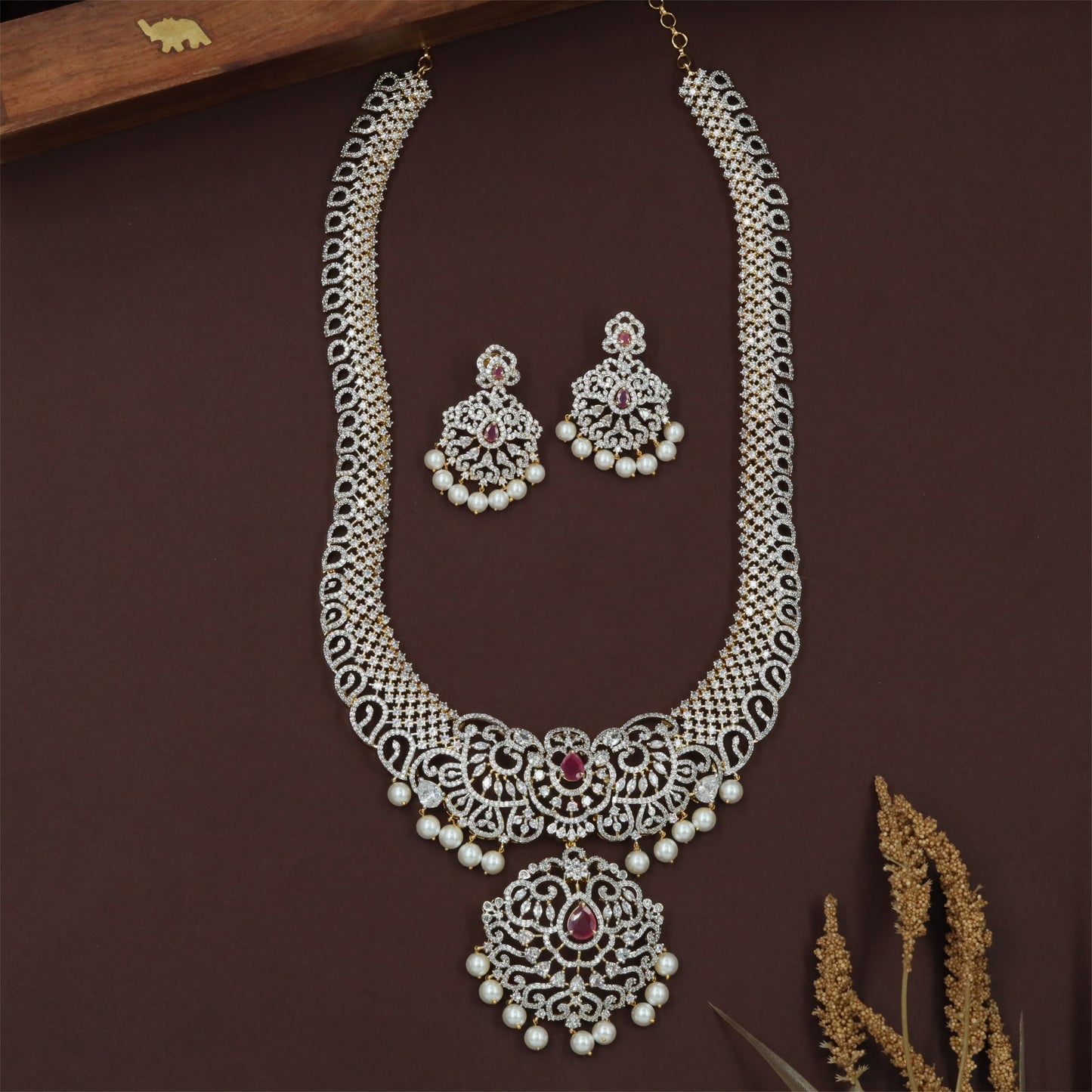 Royal Gj Necklace with Layered Stone Rows and Hanging Pearl Fringe