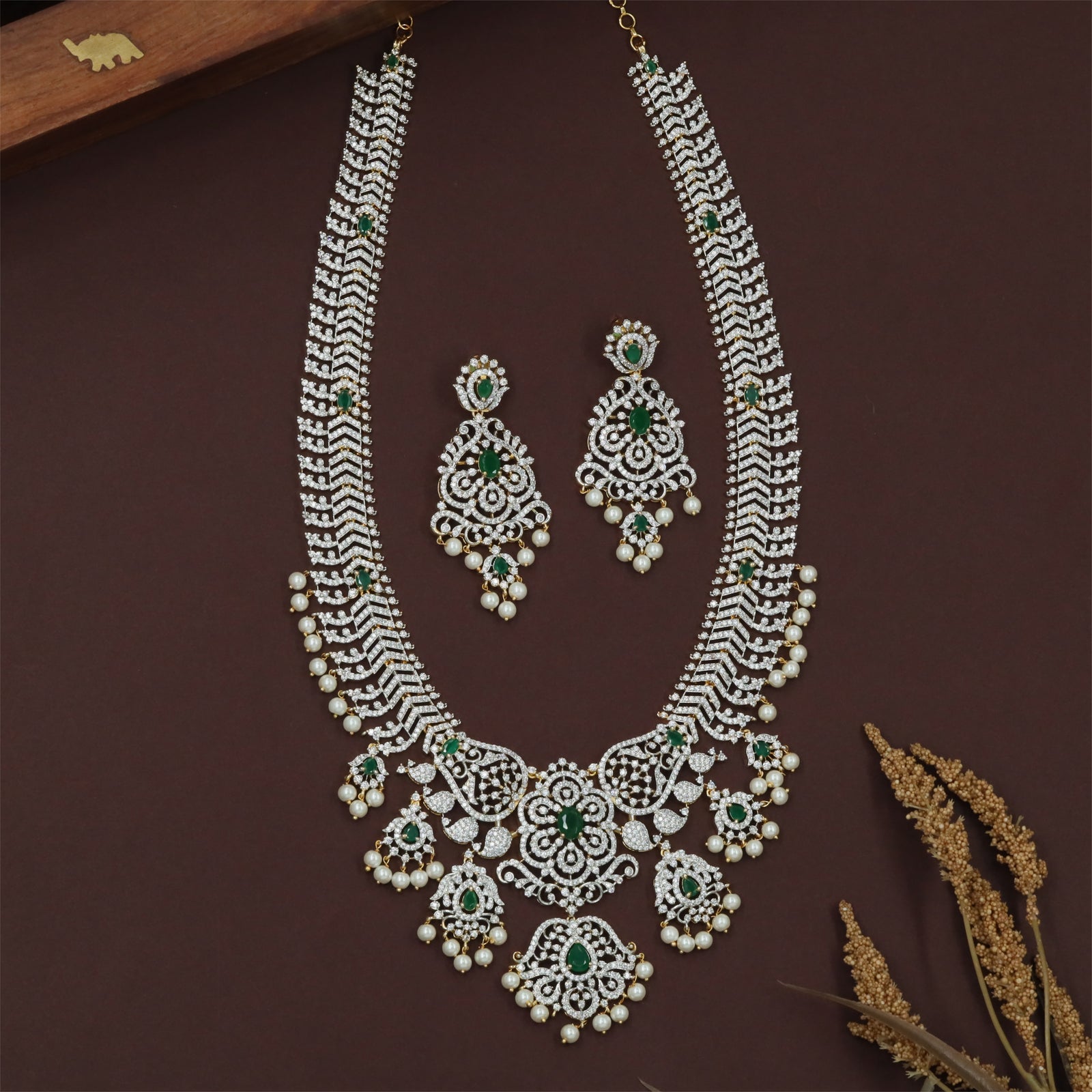Designer Gj Long Haara with Floral Connector Frames and Ornamental Drop Detailing