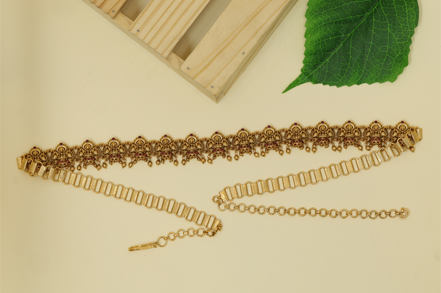 Decorative Linked Waist Belt Showcasing Lakshmi Units with Dense Drop Attachments