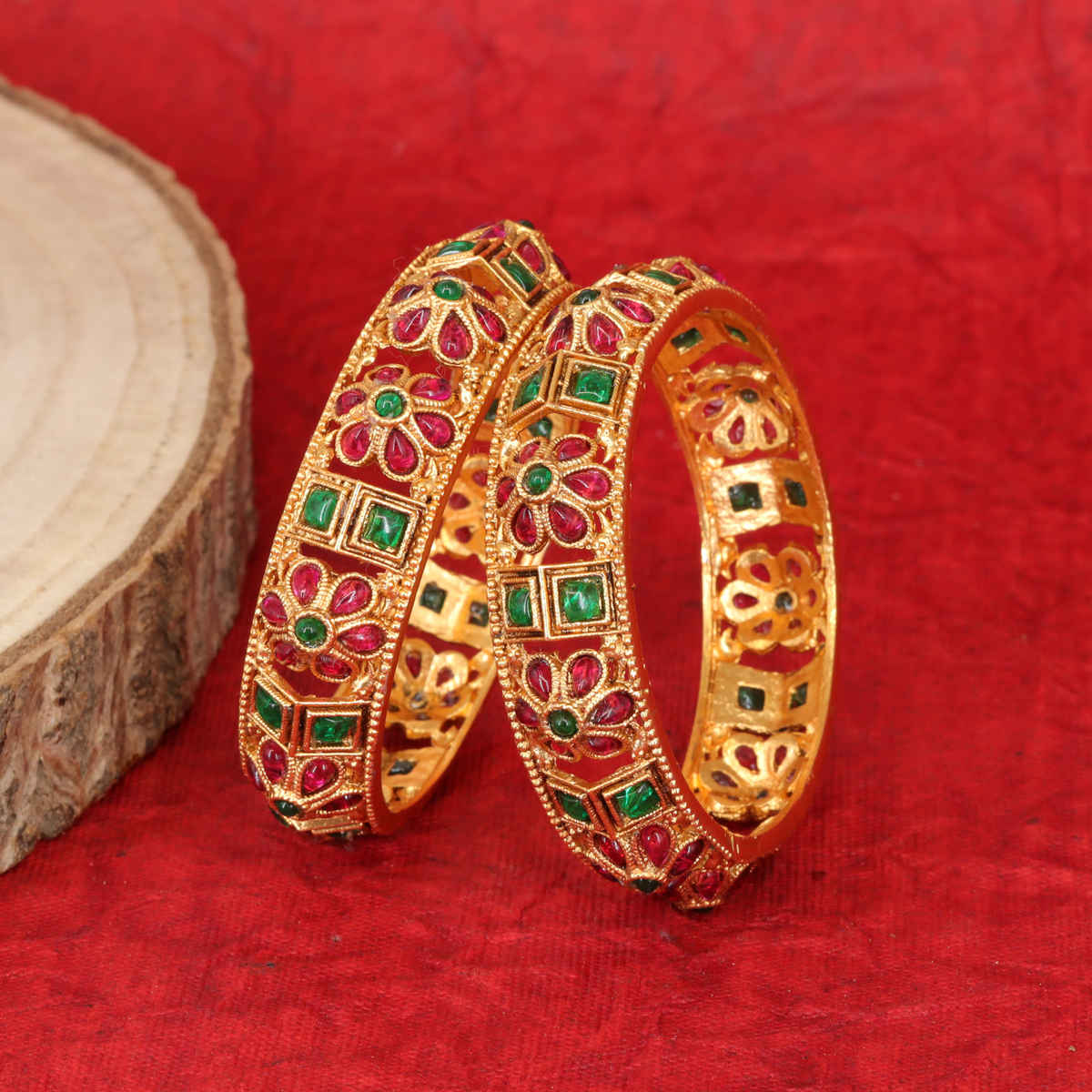 Traditional Floral Motif Matt Bangles with Square Panel Accents
