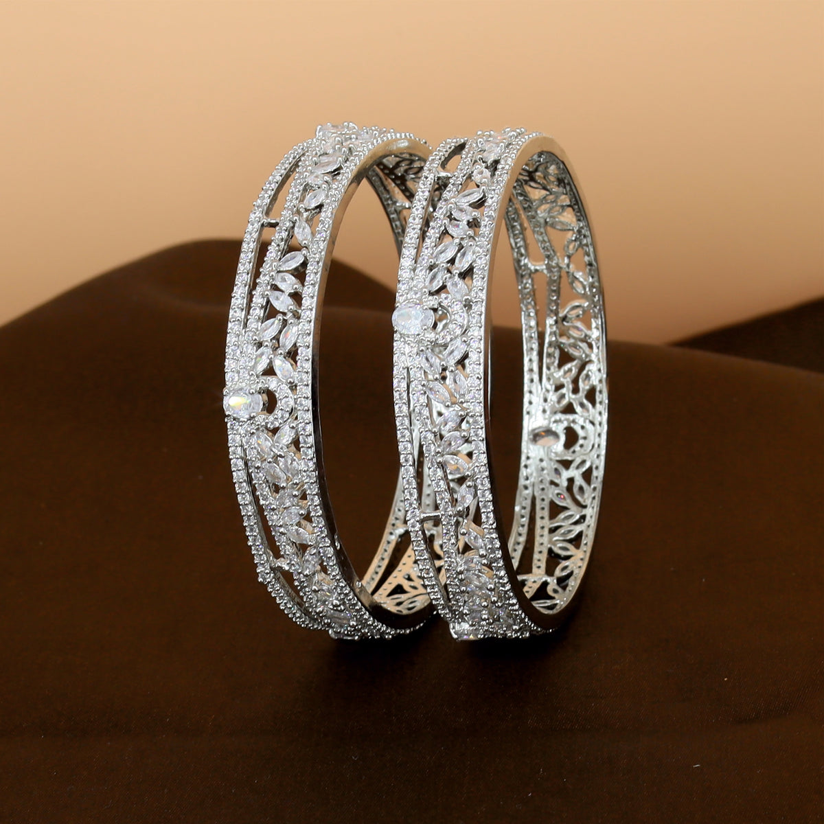 Heritage Inspired Vine Pattern Rhodium Bangles with Open Frame Design