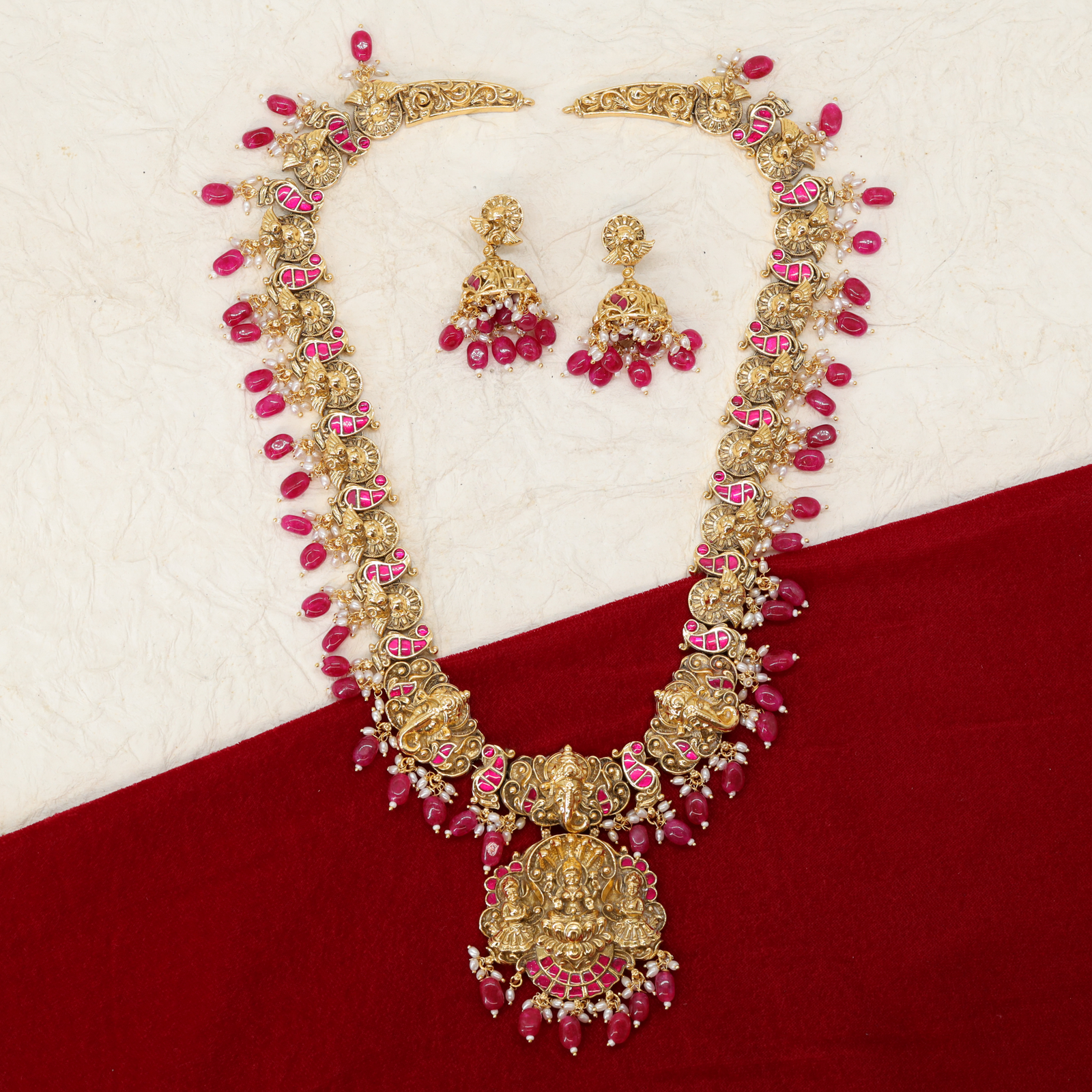 Lakshmi Ganesha Long Haara with Detailed Chain and Hanging Drops