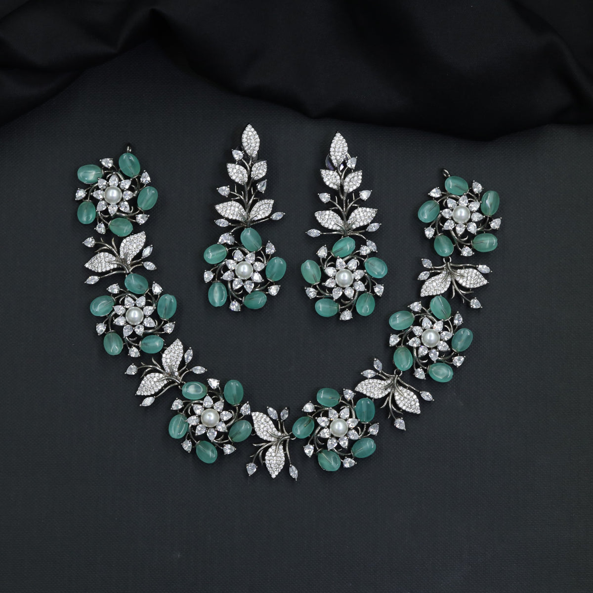 Oxidised Floral Necklace with Pearl-Style Centres & Leaf Work
