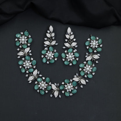 Oxidised Floral Necklace with Pearl-Style Centres & Leaf Work
