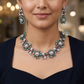 Oxidised Floral Necklace with Pearl-Style Centres & Leaf Work