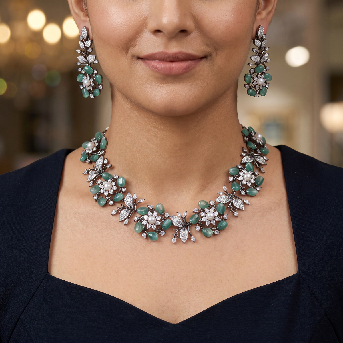 Oxidised Floral Necklace with Pearl-Style Centres & Leaf Work