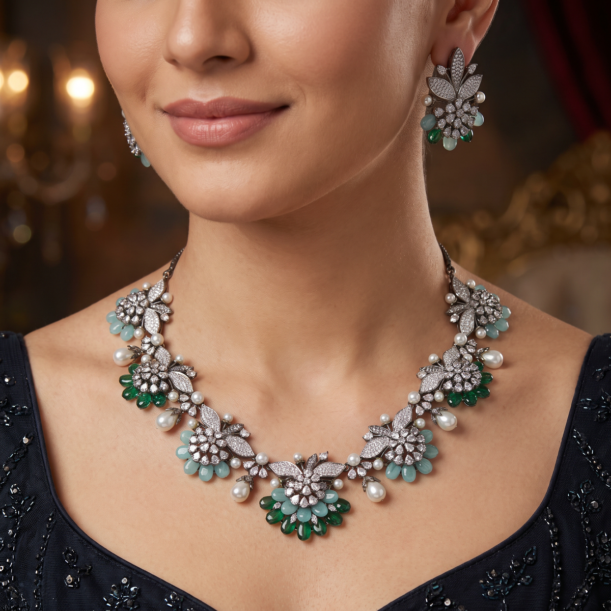 Floral Cluster Oxidised Necklace Set with Leaf Detailing and Drop Accents