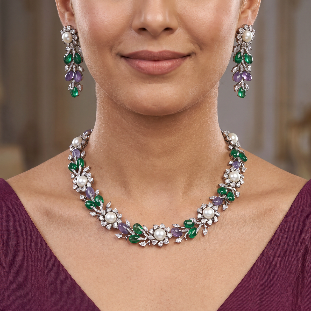 Midnight Finish Floral Cluster Necklace with Leaf Motif Detailing and Matching Drop Earrings
