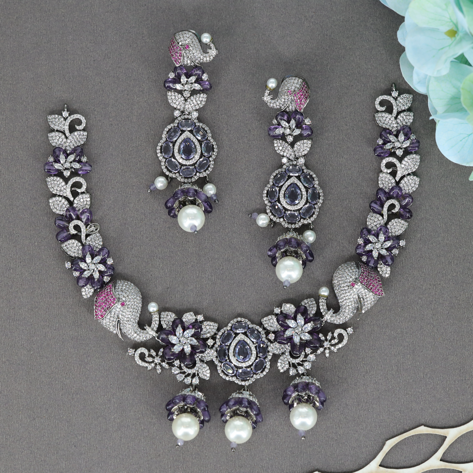 Luxury Floral Necklace with Elephant Side Elements and Bold Centre Design