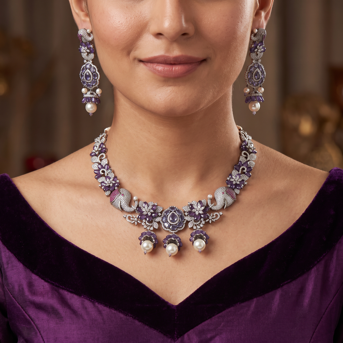 Luxury Floral Necklace with Elephant Side Elements and Bold Centre Design