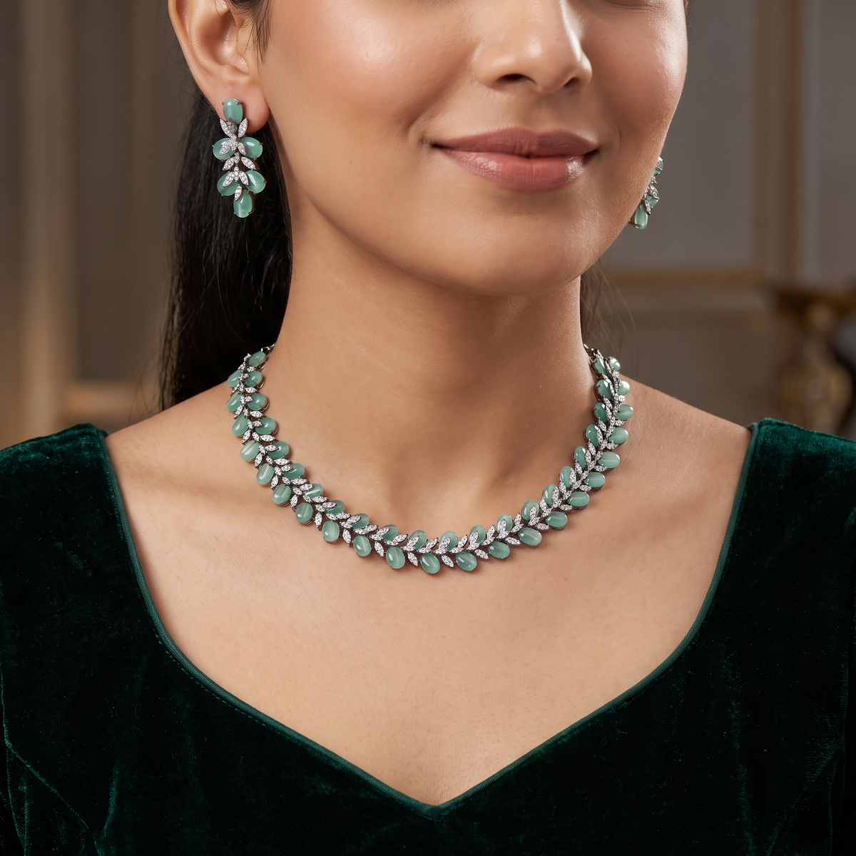 Fresh Leaf Drop Necklace with Clustered Petal Detailing and Matching Stud Earrings