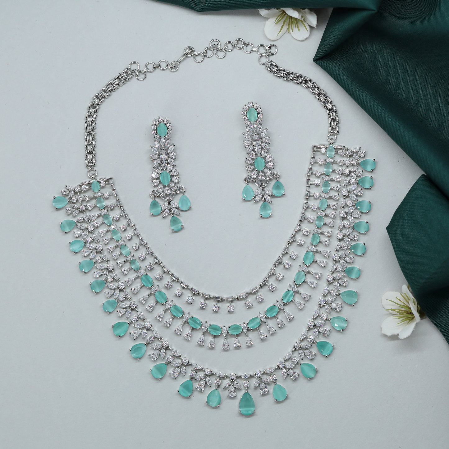 Structured Multi Strand Necklace with Cascading Drop Elements and Earrings