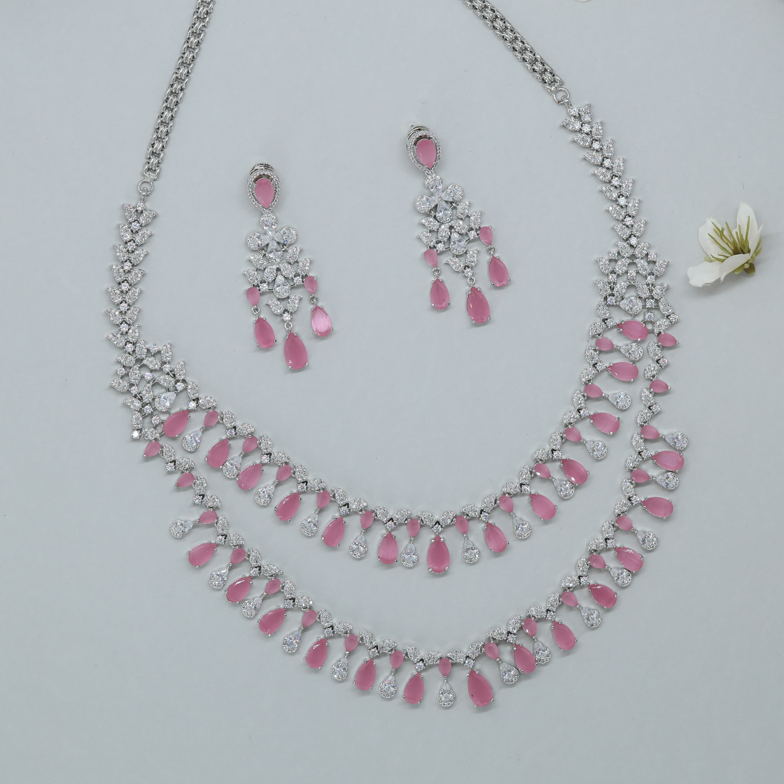 Stylish Double Row Necklace with Flowing Drop Pattern and Earrings