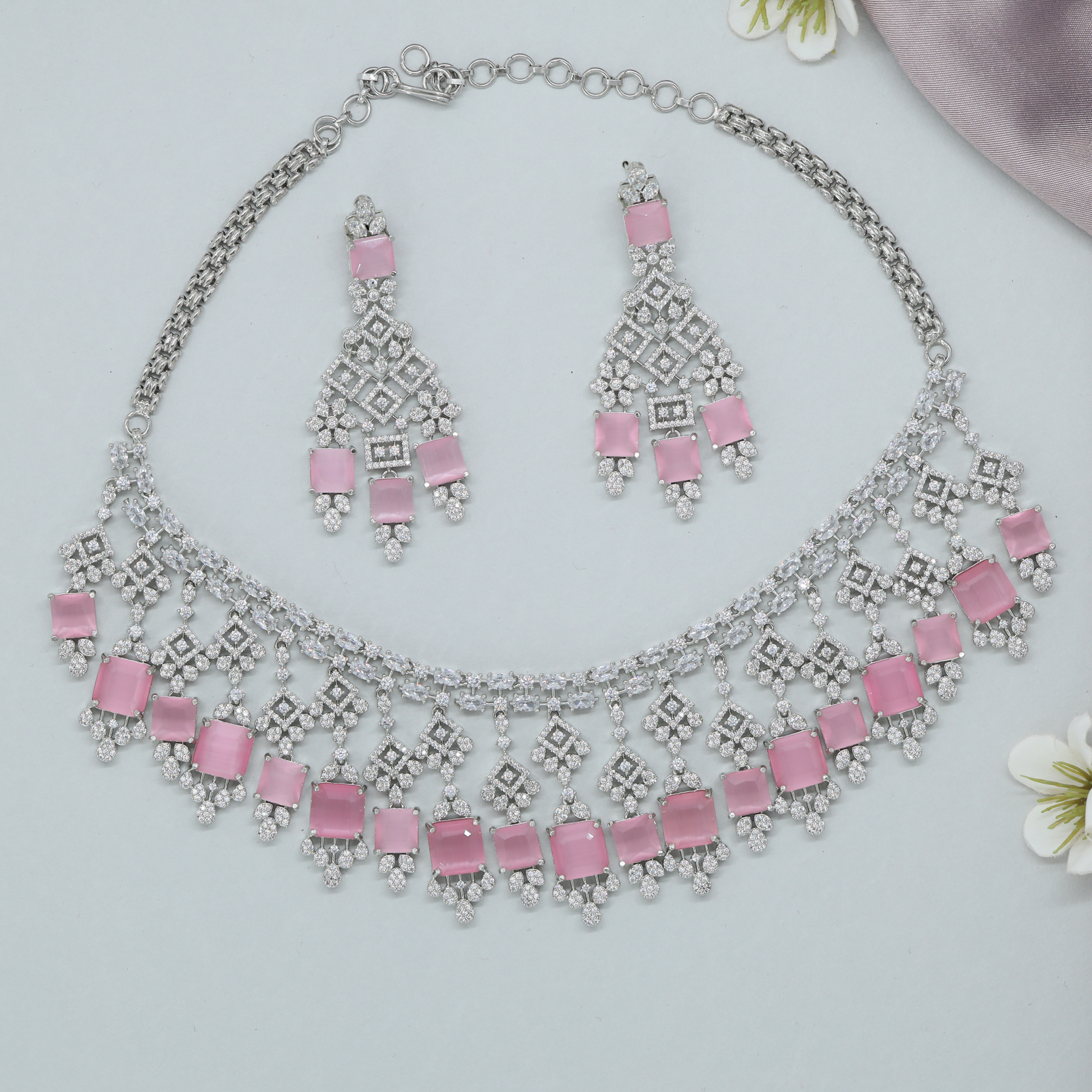 Square Accent Necklace with Hanging Geometric Danglers and Matching Earrings