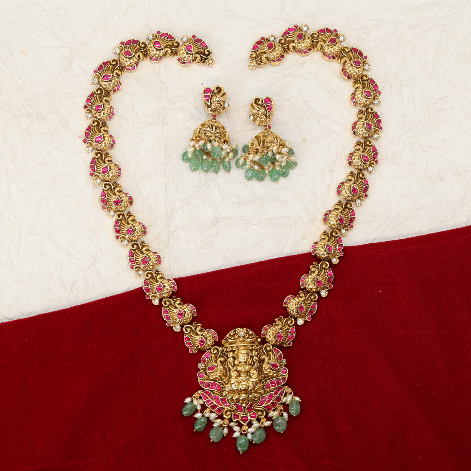 Ornate Temple Long Necklace Featuring Lakshmi Centrepiece with Repeating Peacock Links