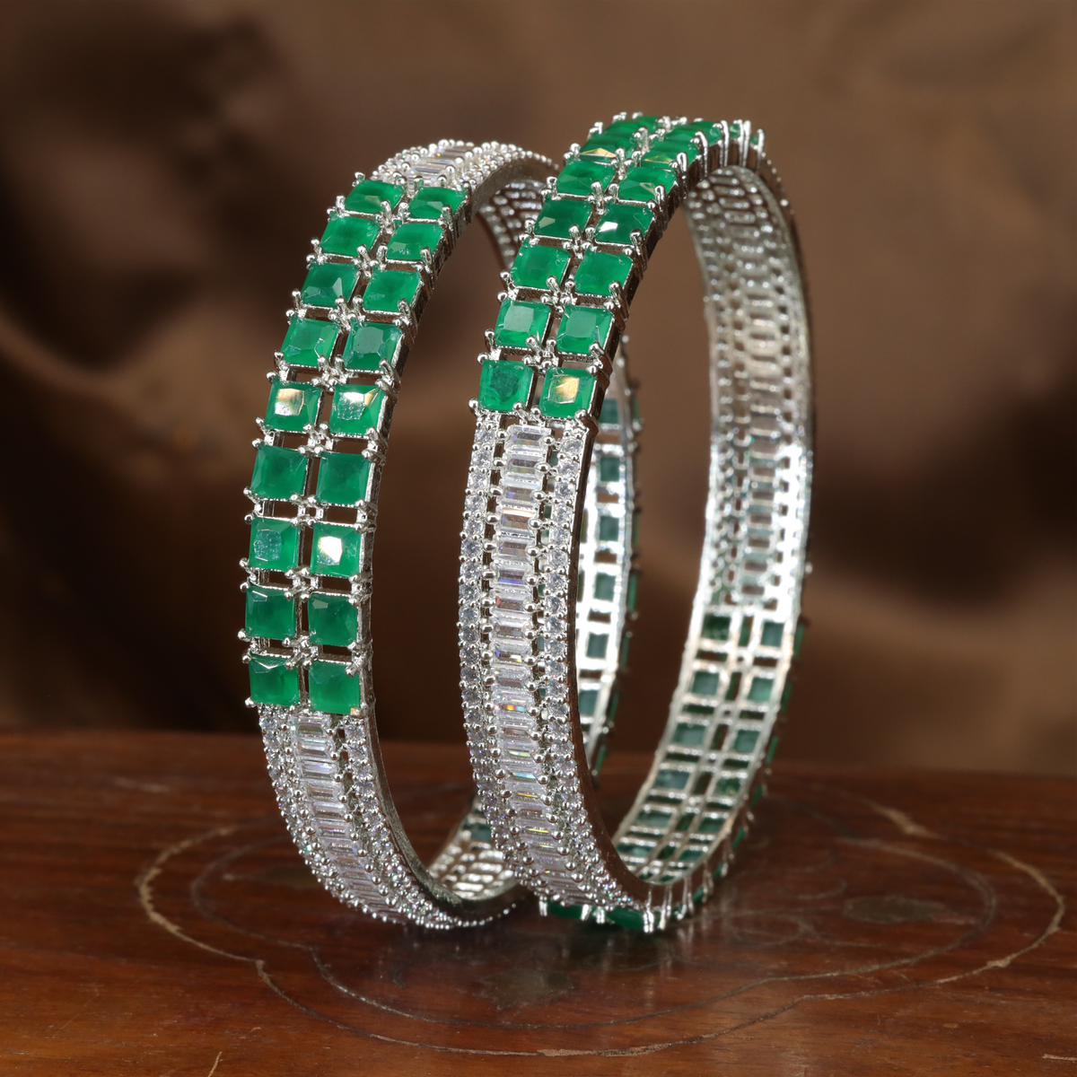 Structured Square Panel Rhodium Bangles with Linear Accent Border