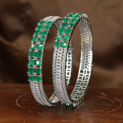 Structured Square Panel Rhodium Bangles with Linear Accent Border