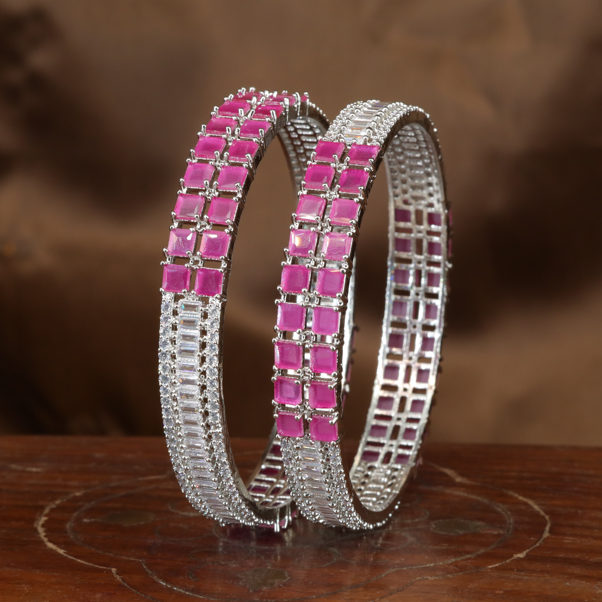 Structured Square Panel Rhodium Bangles with Linear Accent Border