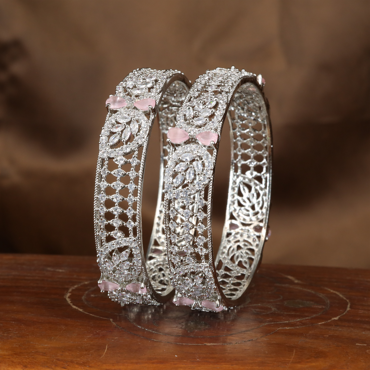 Decorative Lattice Rhodium Bangles with Vine Motif Highlights