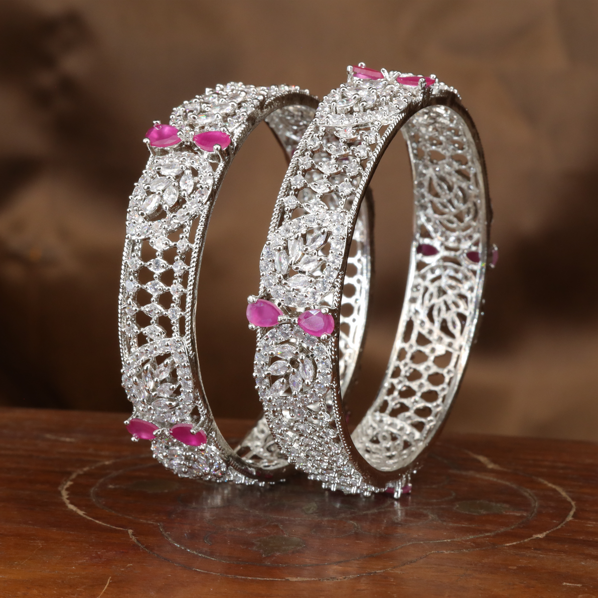 Decorative Filigree Rhodium Bangles with Floral Motif Frames