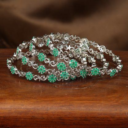 Lunareth Scroll Chain Rhodium Bangles with Decorative Circle Accents