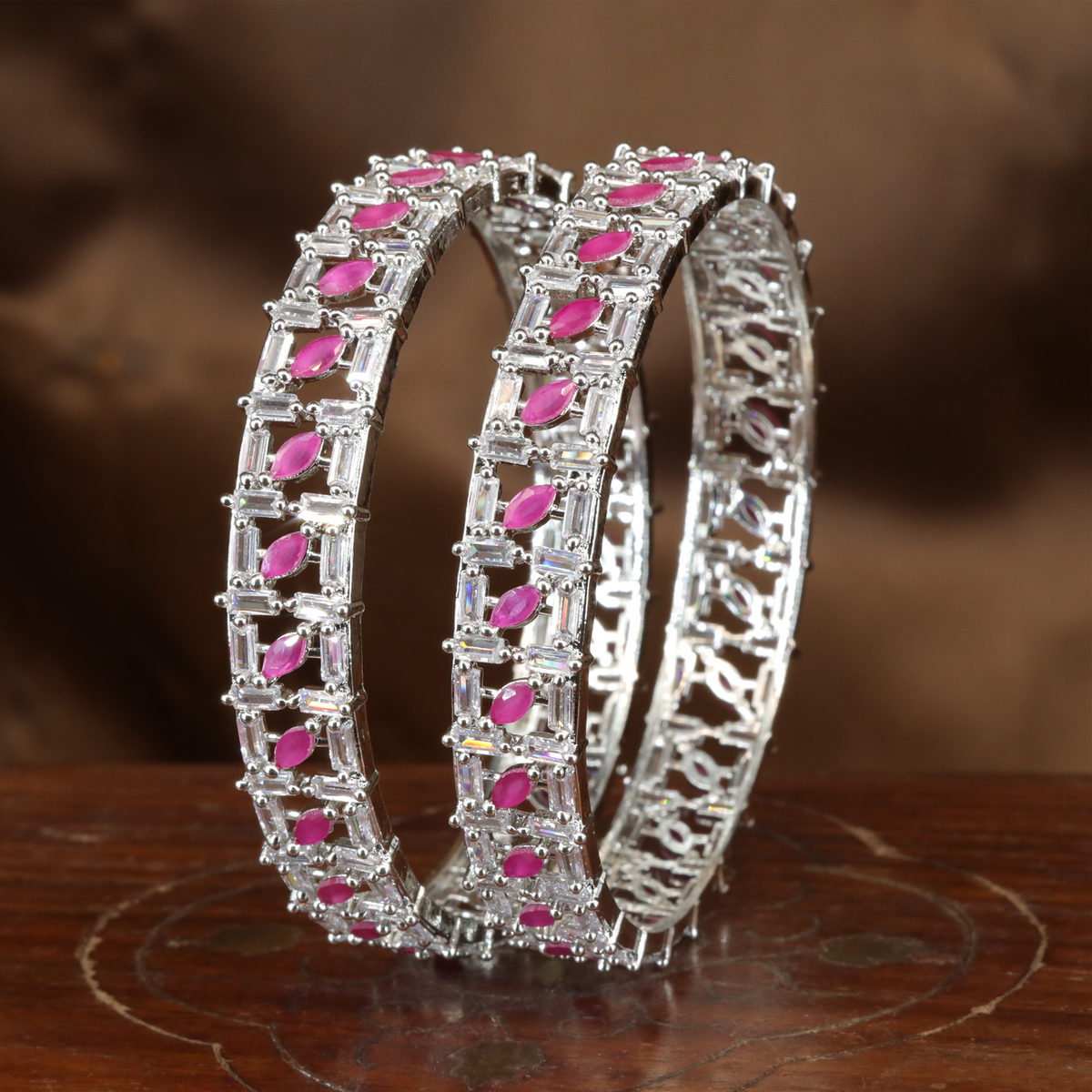 Linear Frame Rhodium Bangles with Repeating Marquise Accents