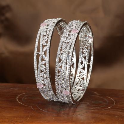Whispering Leaf Pattern Rhodium Bangles with Open Frame Detailing