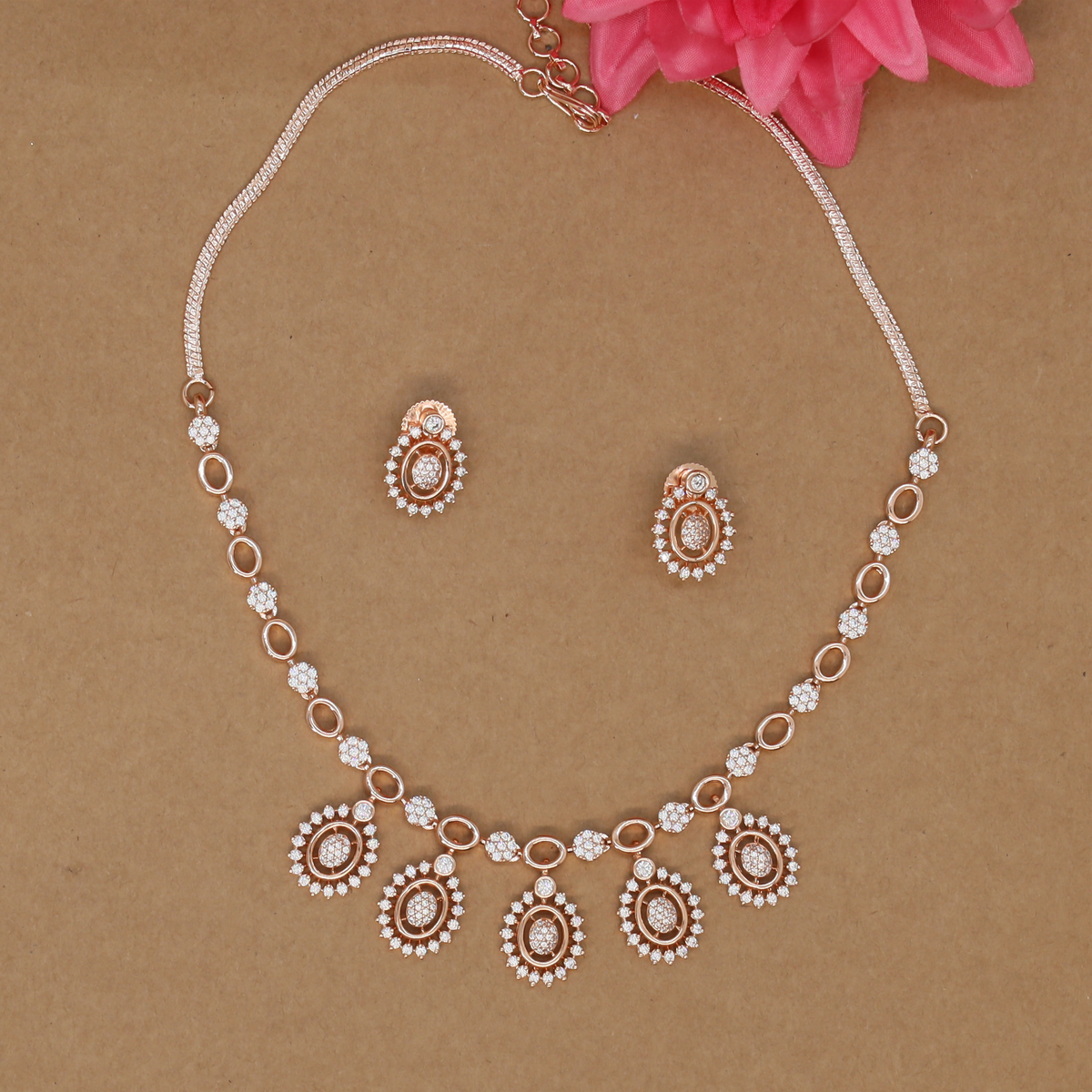 Oval Link Necklace with Floral Motif Drops and Matching Earrings