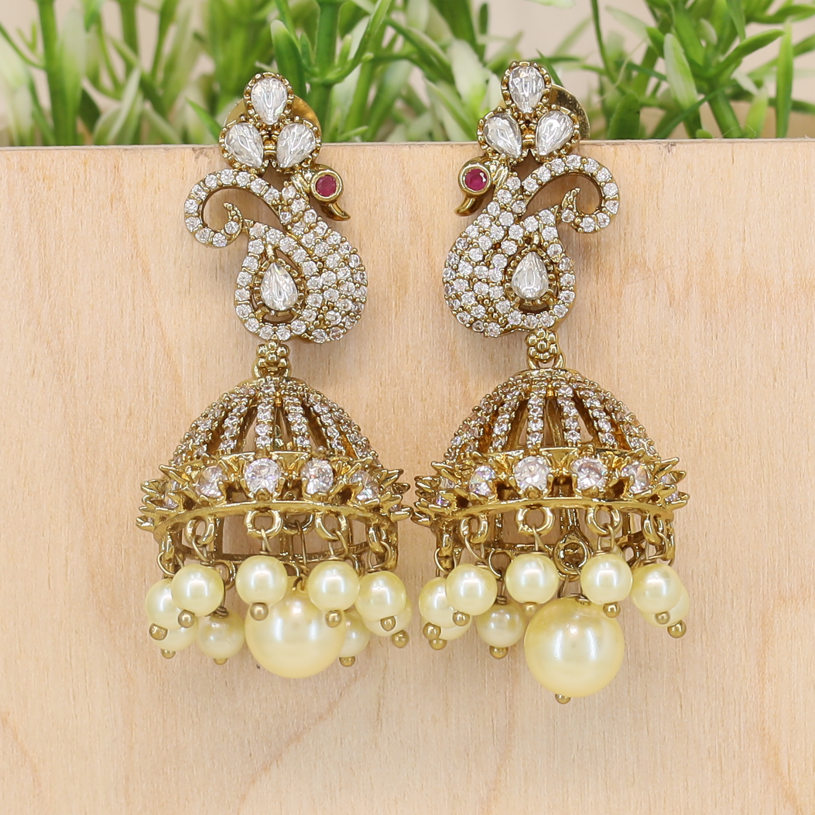 Peacock Motif Kundan Jhumka Earrings with Dome Base and Pearl Drops
