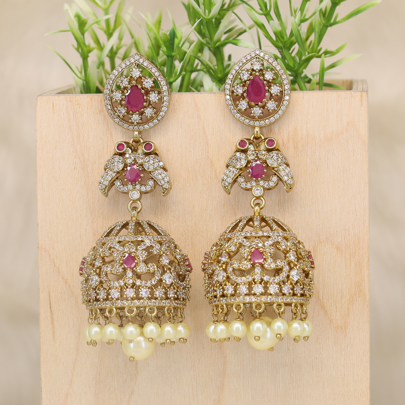 Elegant Bird Design Jhumka Earrings with Detailed Dome and Pearl Fringe