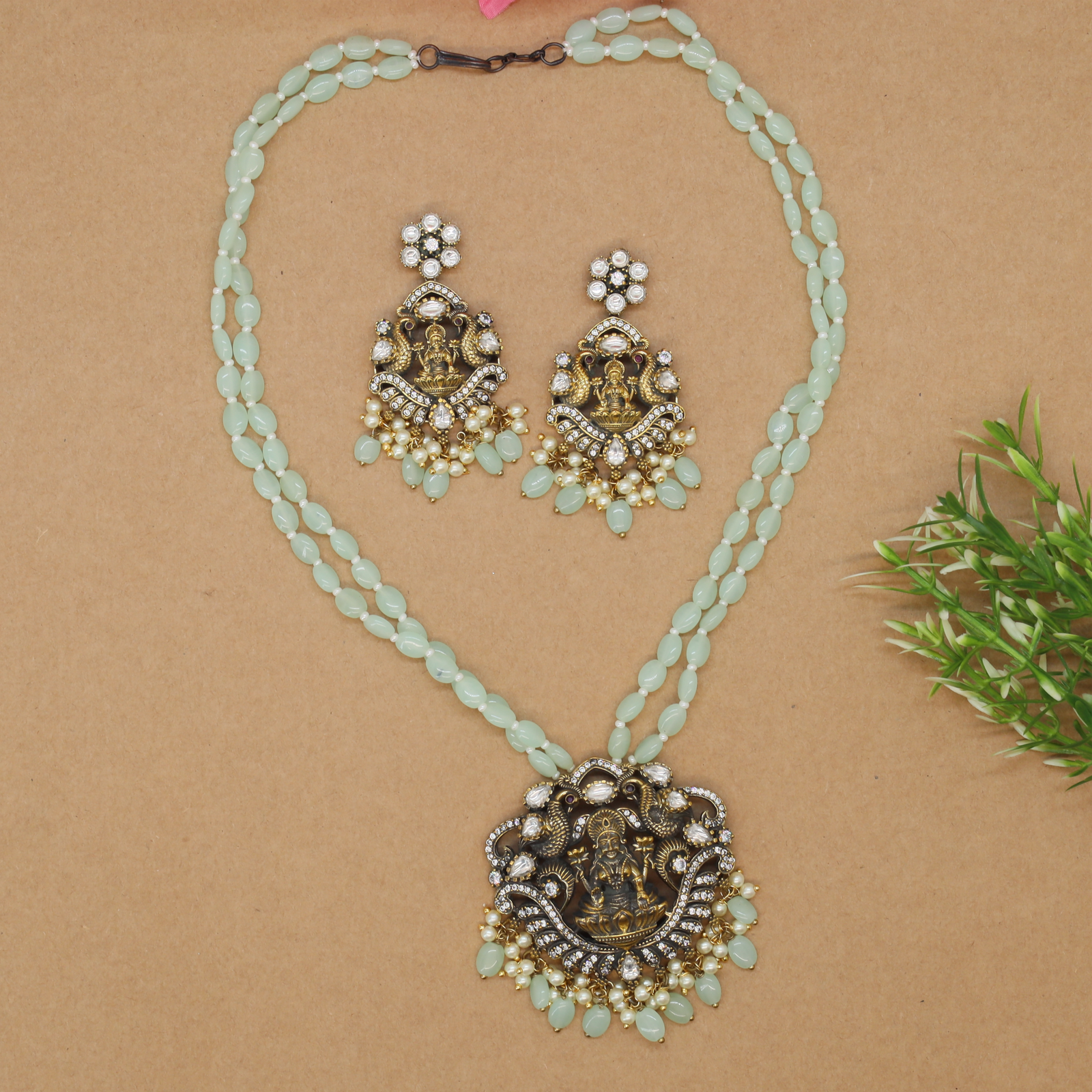 Dual Strand Bead Long Haara with Lakshmi Pendant and Elephant Motif Frame