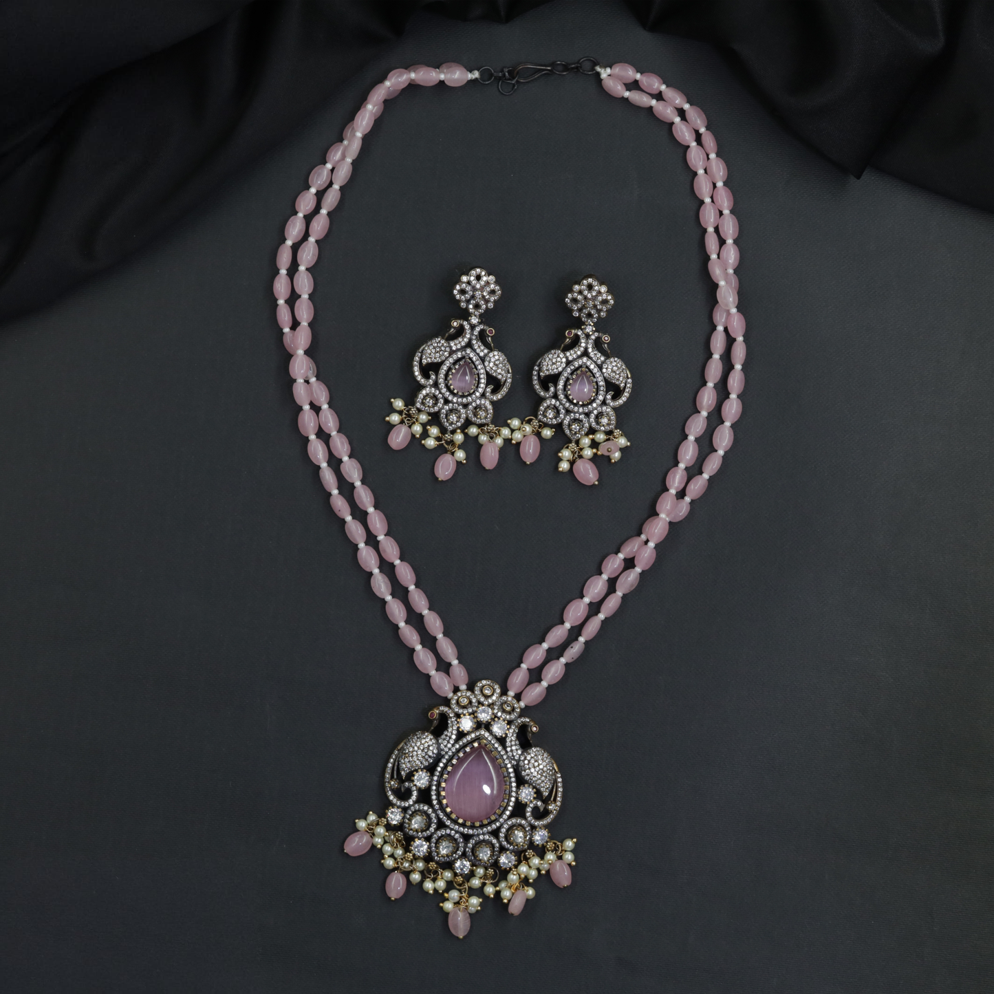Kundan Beaded Chain With Peacock Ornate Pendant And Matching Drops