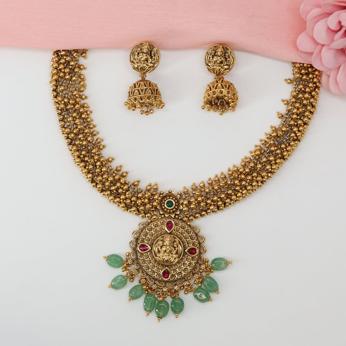 Lakshmi Medallion Antique Necklace with Layered Gold Bead Collar