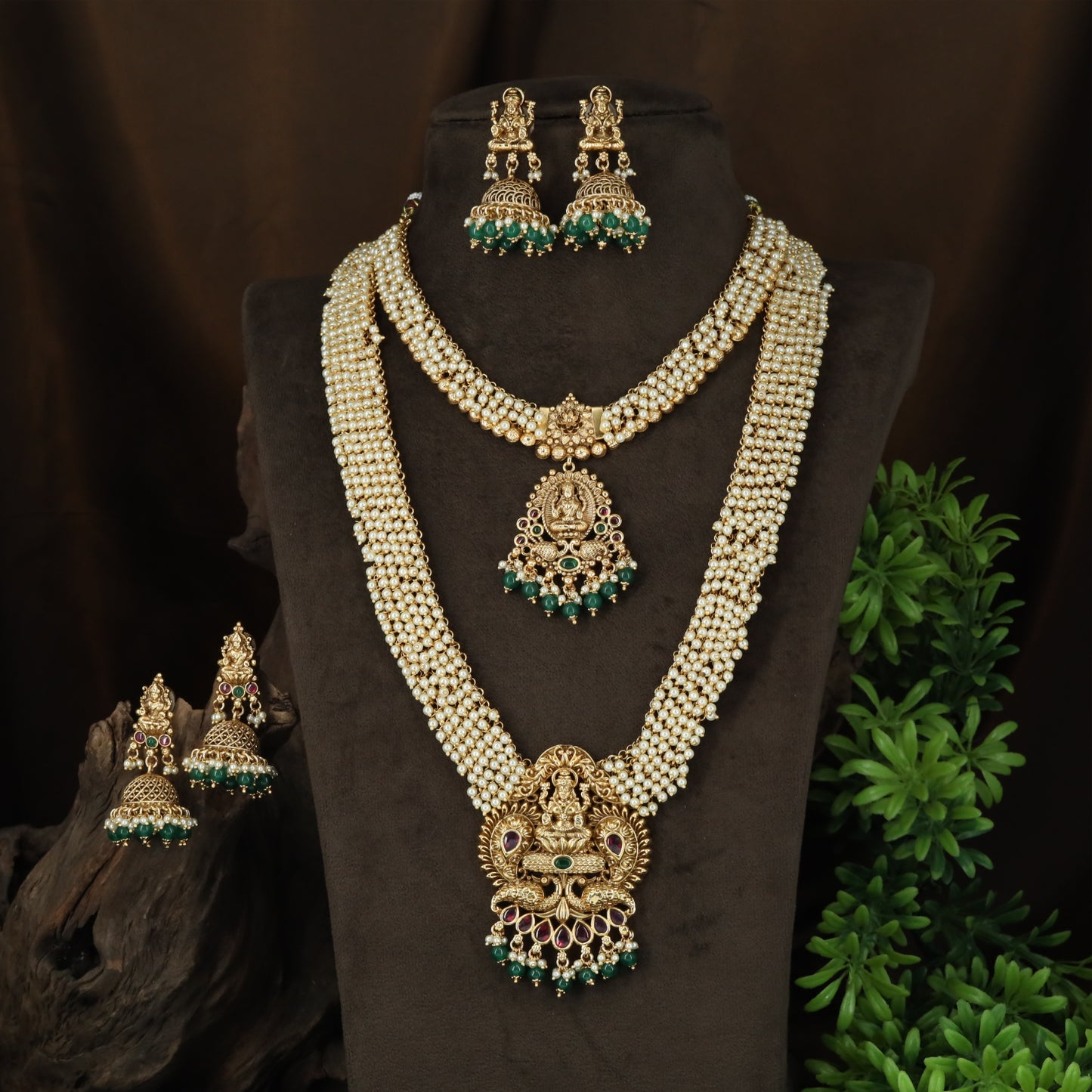 Temple Lakshmi Pearl Layered Necklace and Long Haaram Combo Set